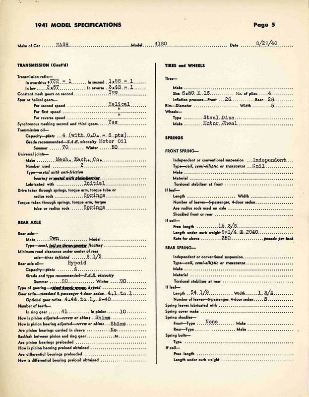 1941 Nash Specifications Page 2